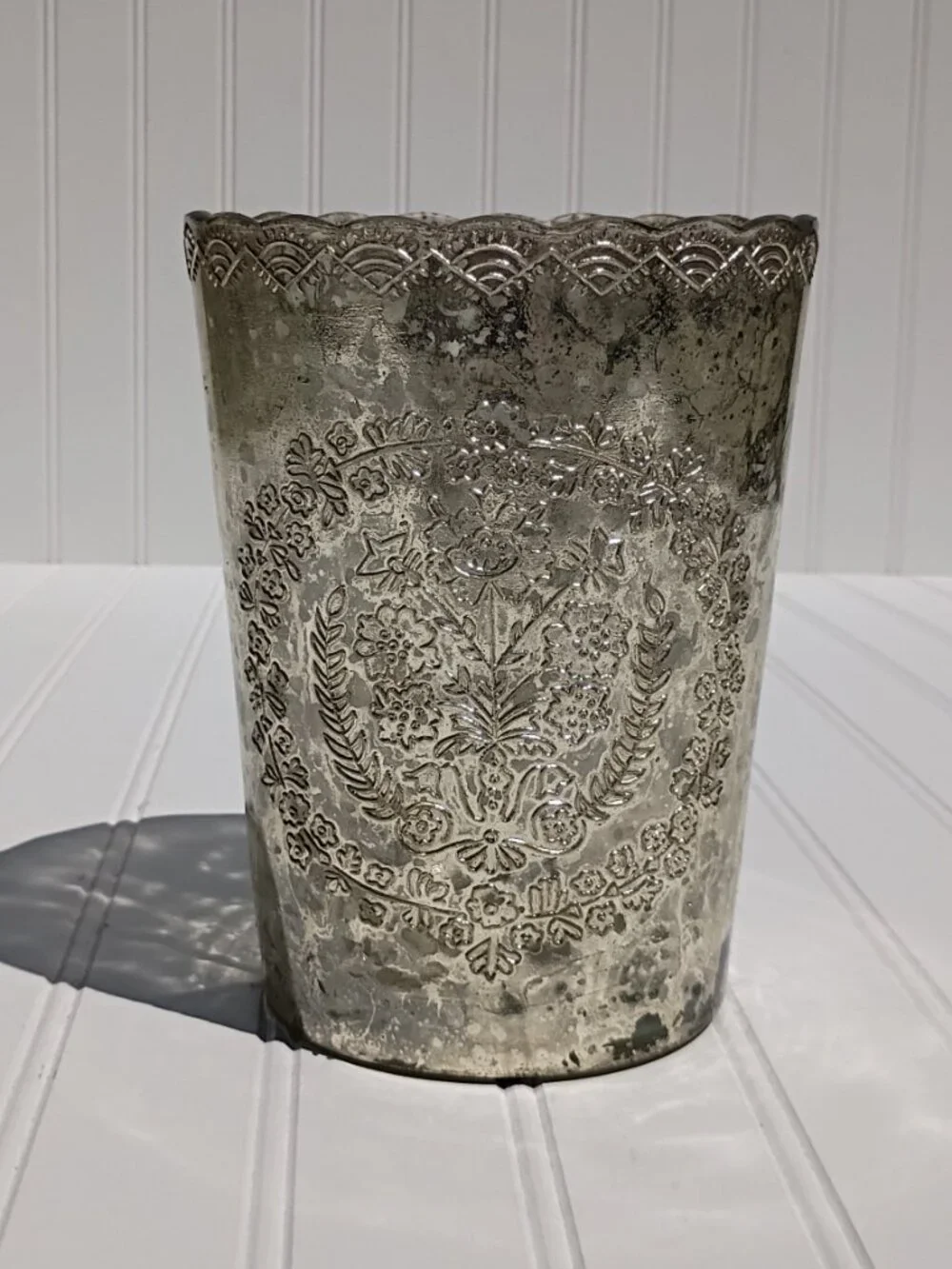 Vintage Glass Vase Floral Embossed Scalloped Rim Made in India Antique Style 7